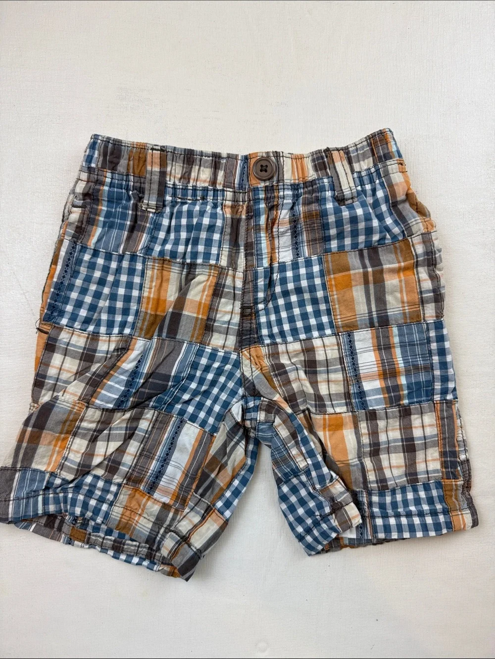 Gymboree Boys Patchwork Plaid Elastic Waist Shorts Blue Tan Size 3T
